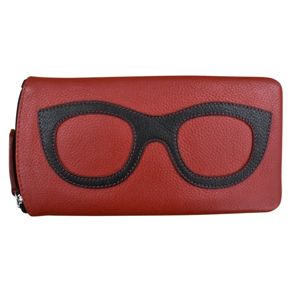 ILI New York Leather Eyeglass Case Zippered Glasses Frame Wallet Red Black NEW